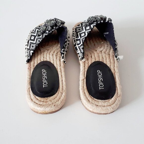 NWT Topshop black & white textile smoked crystal bejewelled flat slide sandals - Picture 11 of 12
